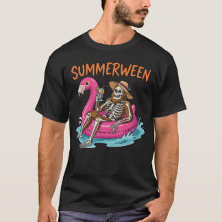 T-shirt Fête de piscine squelette Summerween Flamingo Floa
