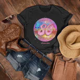 T-shirt Fête des 80 ans Boule disco Paillettes Or Rose