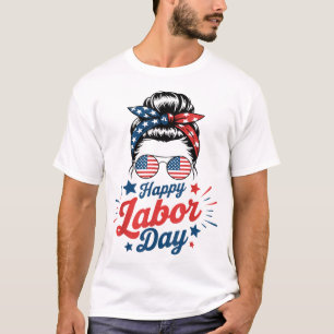 T-shirt Fête du Travail Messy Bun Usa Drapeau Fierté des f