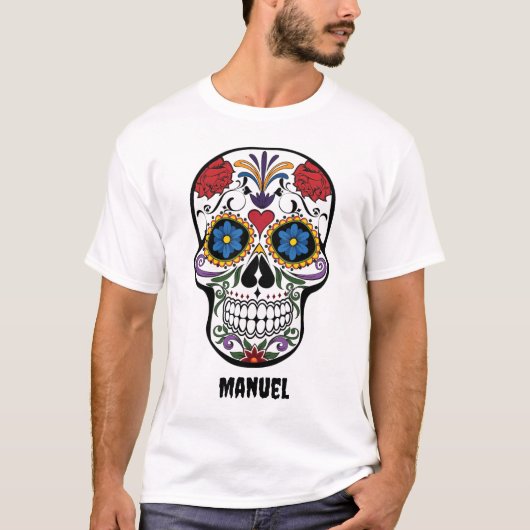 T-shirt Fête mexicaine du crâne mort et nom (Devant)