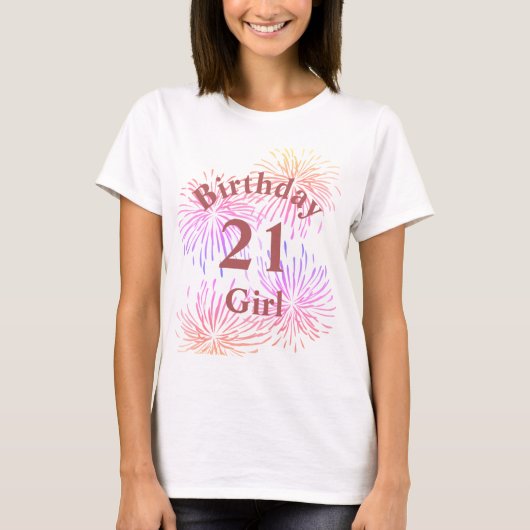 T-shirt Feu d'artifice rose personnalisé 21e fille anniver (Devant)