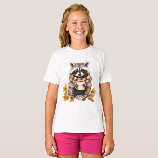 T-shirt Feuilles d'automne confortable raccoon avec tasse (Devant entier)