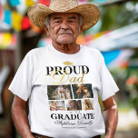 T-shirt Fier papa du diplômé<br><div class="desc">Montrez votre fierté et votre joie en tant qu'enfant diplômé avec nos t-shirts de cérémonie de remise de diplômes blancs et or spécialement conçus. Ces pièces taillées sur mesure, avec un design classique de carton-mortier, cinq photos personnelles, la déclaration audacieuse "père fier du diplômé", et personnalisées avec le nom de...</div>