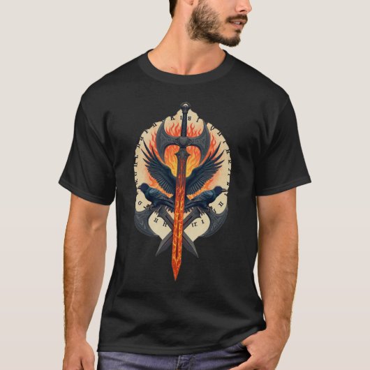 T-shirt Fiery Raven Guardian: Viking Sword & Axe Emblem (Devant)