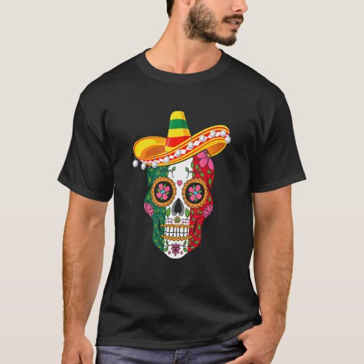 T-shirt Fiesta Sugar Rose Calavera Mexicaine Drapeau Cinc (Devant)