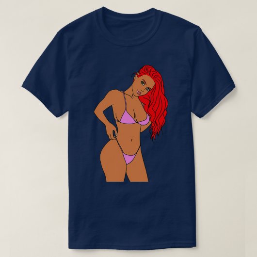 T-shirt Fille à tête rouge en bikini rose (Design devant)