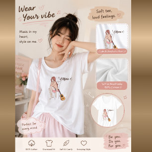 T-shirt Fille Anime Assise avec chat & Notes de Musique –