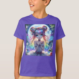 T-shirt Fille Anime Cheveux Arc-en-Ciel Chantant Fée Lune