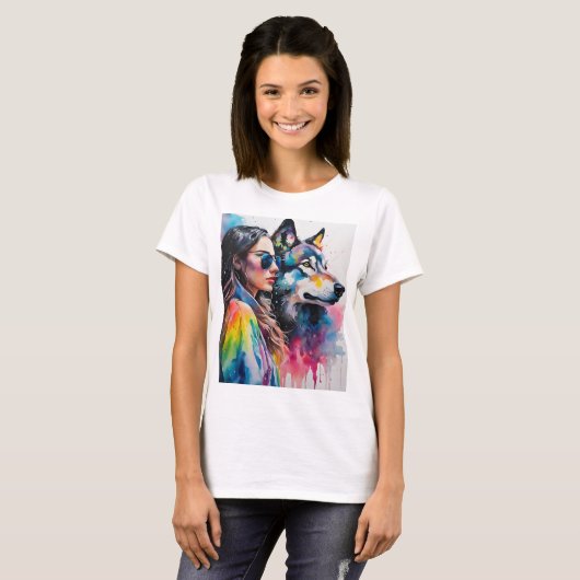T-shirt Fille arc-en-ciel avec loup (Devant entier)