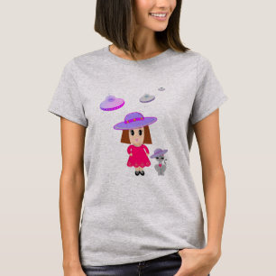T-shirt Fille avec chat et soucoupes volantes