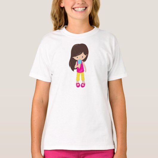 T-shirt Fille Avec Crème De Glace, Cheveux Brown, Mignonne (Devant)