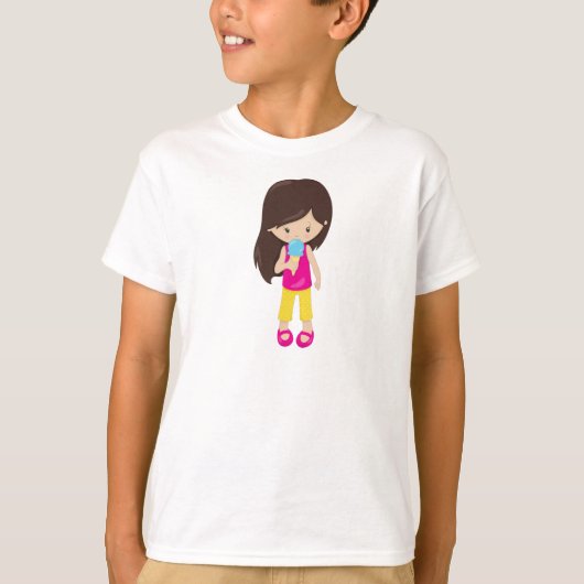 T-shirt Fille Avec Crème De Glace, Cheveux Brown, Mignonne (Devant)