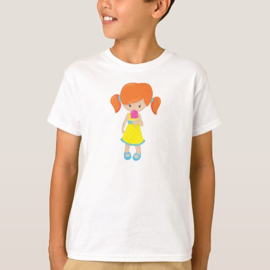 T-shirt Fille Avec Crème De Glace, Cheveux Orange, Mignonn (Devant)