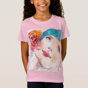 T-Shirt Fille avec Rose Rouge Beret Aquarelle Filles Rose