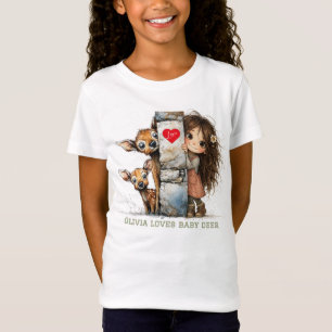 T-shirt Fille Curieuse et Faon Mignon