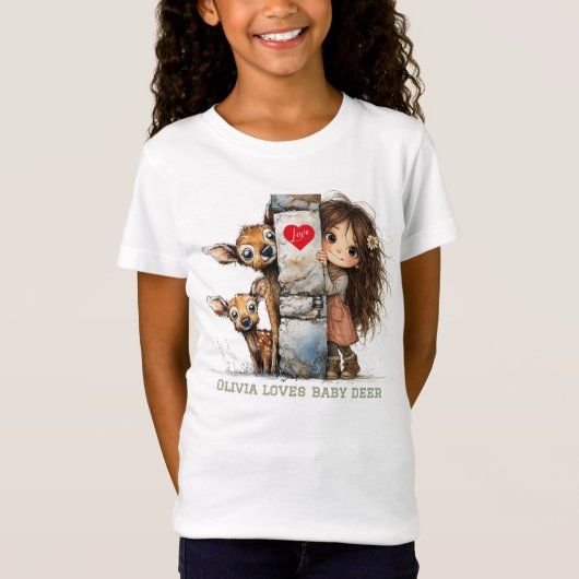 T-shirt Fille Curieuse et Faon Mignon (Devant)