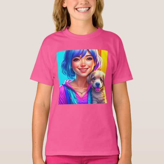 T-shirt Fille d'anime et chiot (Devant)