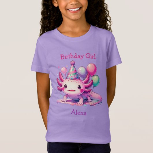 T-Shirt Fille d'anniversaire personnalisée | Thème Axolotl (Devant)