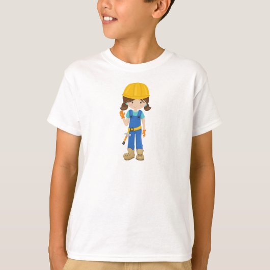 T-shirt Fille de construction, Cheveux Brown, Fille mignon (Devant)