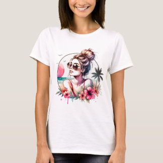 T-shirt Fille de plage tropicale à l'aquarelle