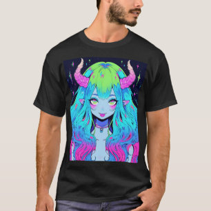 T-shirt Fille déesse anime bleue, rose et verte Kawaii