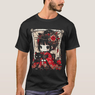 T-shirt Fille en kimono Chibi Chat noir Fleurs Art japonai