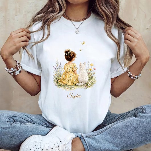 T-shirt Fille et chat blanc