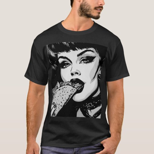 T-shirt Fille gothique de style graphique BW 50s mangeant (Devant)