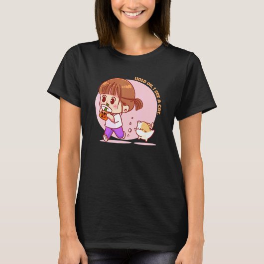 T-shirt Fille heureuse buvant du Bubble Tea et dit Attends (Devant)