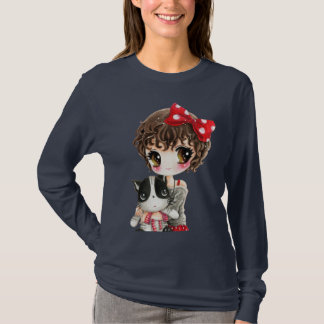 T-shirt Fille mignonne avec le chat noir de kawaii