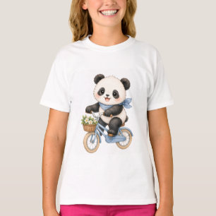 T-shirt Fille Ours Panda Mignon à Vélo Bleu