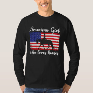 T-shirt Fille qui aime les chevaux Drapeau américain fier