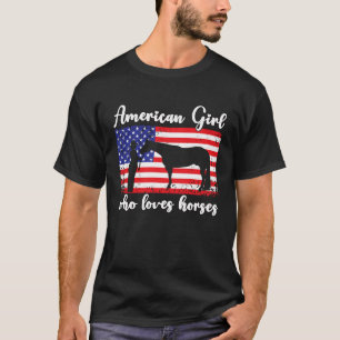 T-shirt Fille qui aime les chevaux Drapeau américain fier