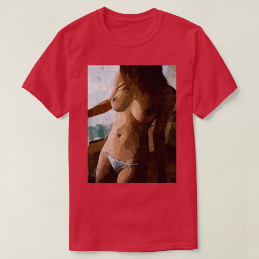 T-shirt Fille rousse chaude topless et culotte blanche (Design devant)