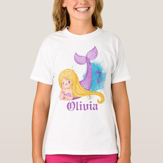 T-shirt Fille Sirène d'anniversaire personnalisée (Devant)