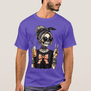 T-shirt Fille squelette buvant du café signe de paix pour
