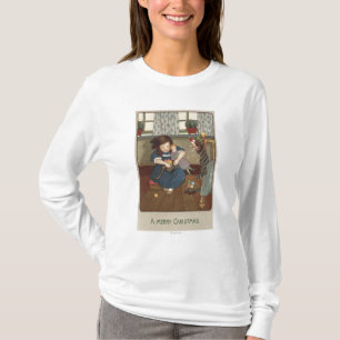 T-shirt Fille vérifiant ses chaussures complètement des