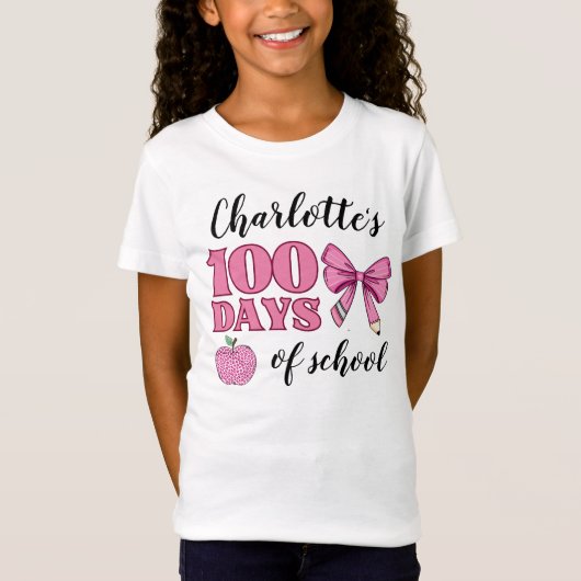 T-Shirt Filles 100 jours de l'école crayon rose Bow (Devant)