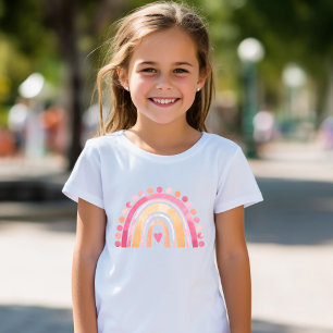 T-Shirt Filles Boho Watercolor Rainbow Heart en rose