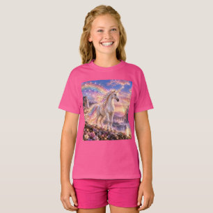 T-shirt Filles de Licorne de Arc-en-Ciel Enchantée Rose
