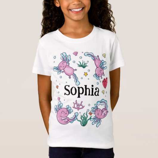 T-Shirt Filles mignonnes et moderne rose Axolotl et nom En (Devant)