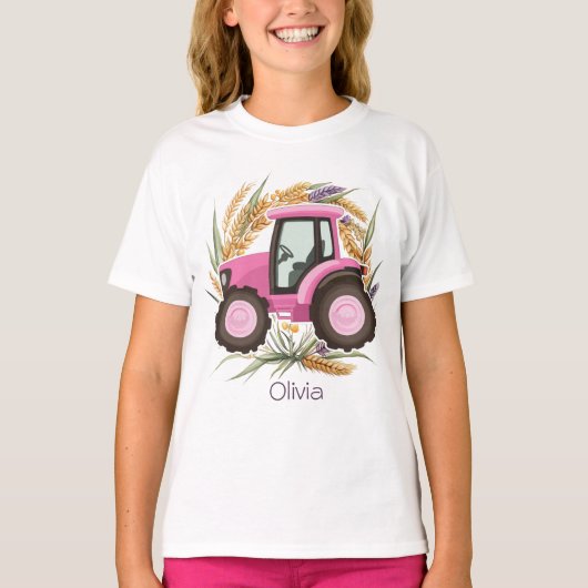 T-shirt Filles Pink Farm Tracteur Personnalisé Fille (Devant)