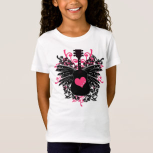 T-Shirt Filles roses et guitare noire avec des ailes