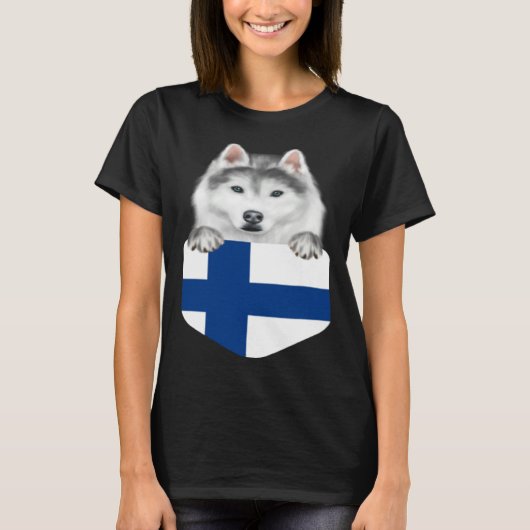 T-shirt Finland Flag Siberian Husky Dog In Pocket (Devant)