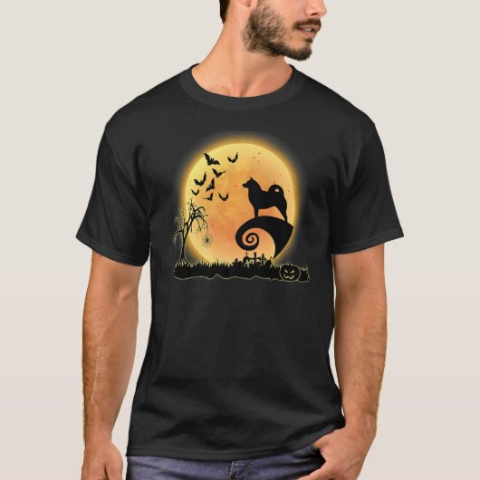T-shirt Finlandais Spitz Effrayant Et Chien Lune Halloween (Devant)