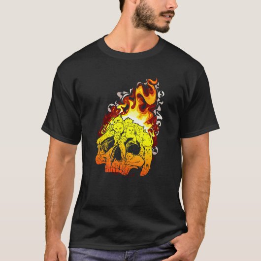 T-shirt Fire Cat Burning Head Skull Head Bone Skull   (Devant)