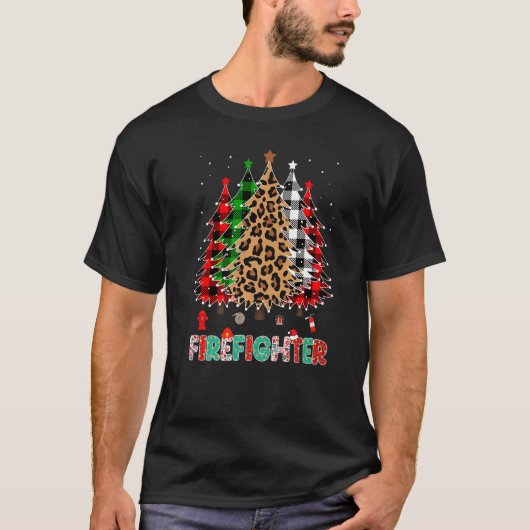 T-shirt Firefighter Leopard Red White Green Plaid Christma (Devant)