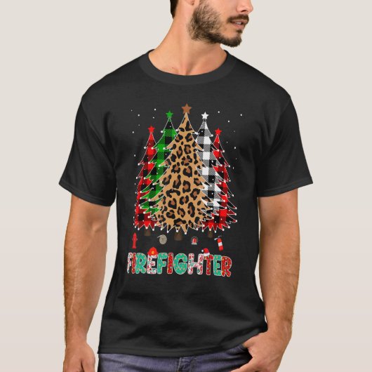 T-shirt Firefighter Leopard Red White Green Plaid Christma (Devant)