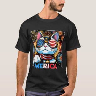 T-shirt Fireworks Patriotique Maneki Neko Chat Merica