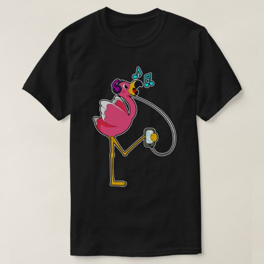 T-shirt Flamant rose à la musique avec casque (Design devant)